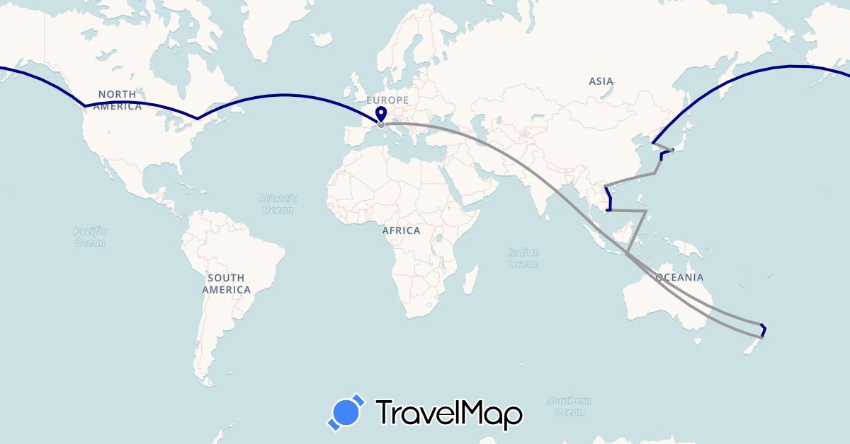 TravelMap itinerary: driving, plane in Australia, Canada, France, Indonesia, Japan, South Korea, New Zealand, Philippines, Singapore, Taiwan, Vietnam (Asia, Europe, North America, Oceania)
